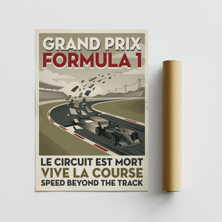 Grand Prix Formula 1 Art Print showing a streamlined race car on a curve with large stacked title lettering