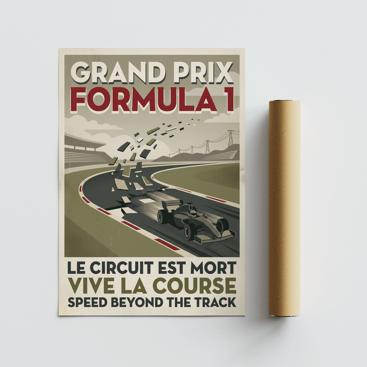 Grand Prix Formula 1 Art Print showing a streamlined race car on a curve with large stacked title lettering