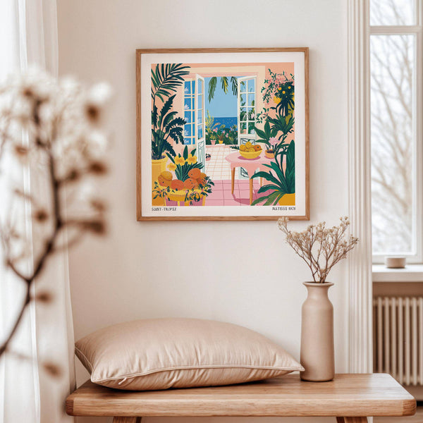 Matisse-inspired coastal wall art in bold tones for creative dining spaces