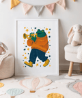 Frog Playing Trumpet Art multicolored print for creative studio wall decor