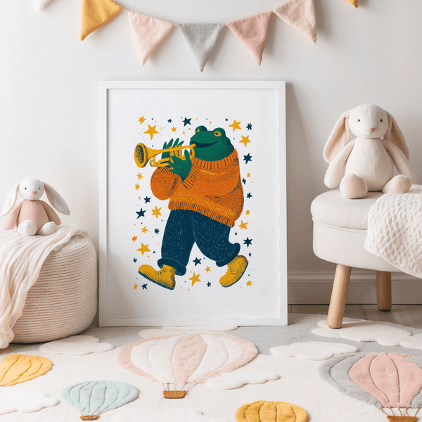 Frog Playing Trumpet Art multicolored print for creative studio wall decor
