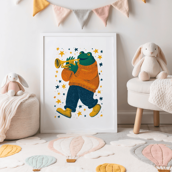 Frog Playing Trumpet Art print leaning on a children's room floor with plush toys and a bunting