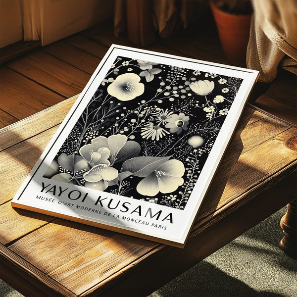 Bold large floral wall art featuring monochrome blooms and dotted textures