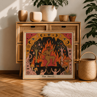 Vintage-style tarot poster print featuring symmetrical border of eyes and moons
