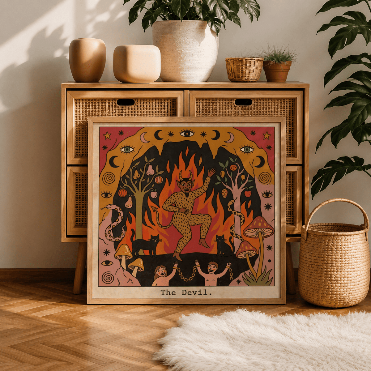 Vintage-style tarot poster print featuring symmetrical border of eyes and moons