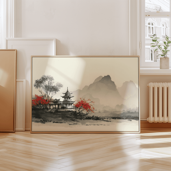 Chinese Landscape Art Print in gray scale and red, perfect for study wall art