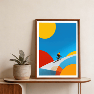 Abstract Bike Poster showing cyclist on curved road with large circle forms