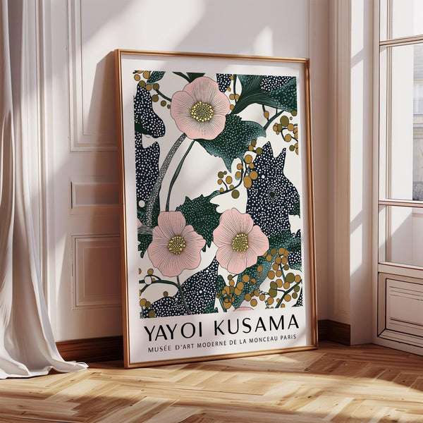 Pink wall art for bedroom with blush flowers and dotted leaf background