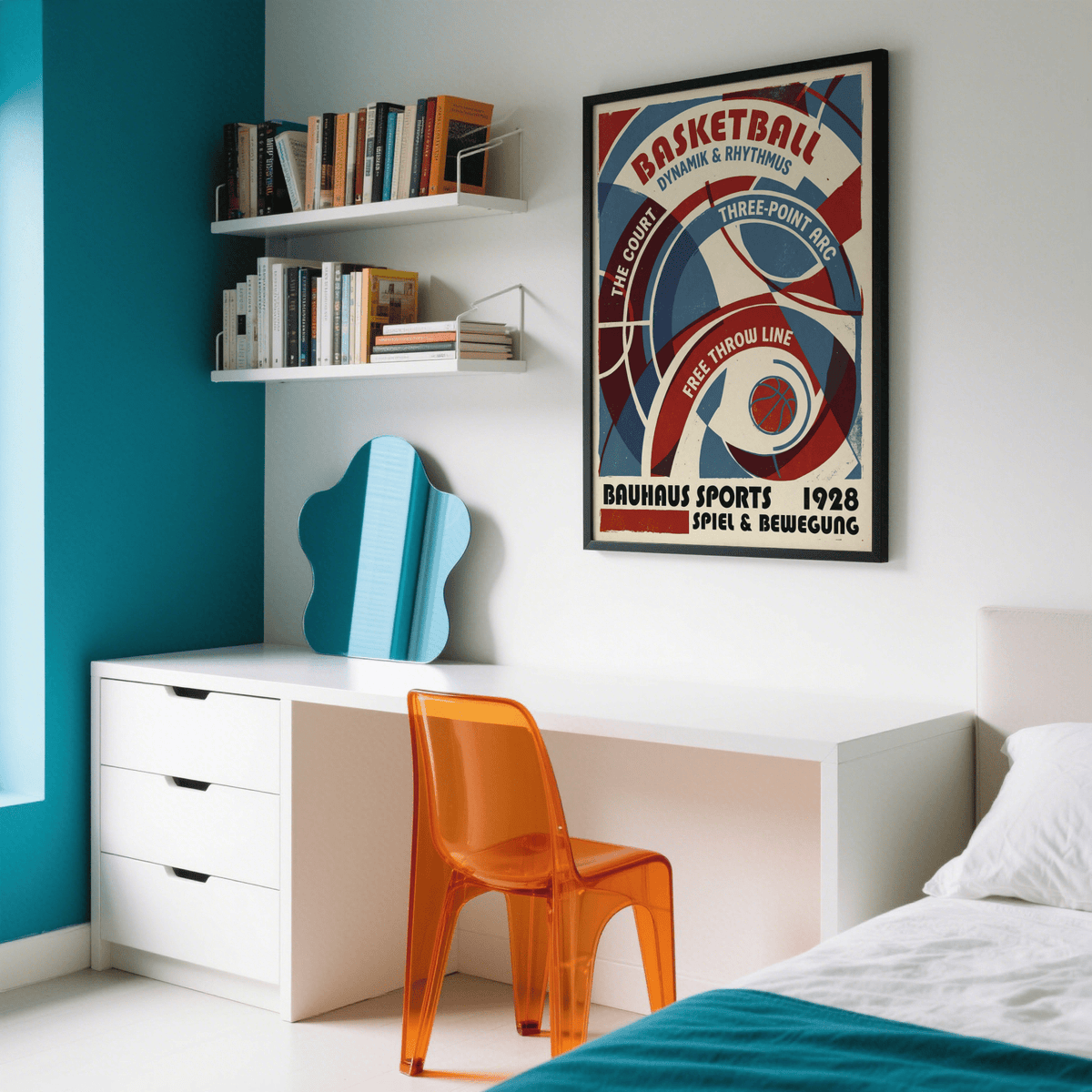 Geometric sports print focused on overlapping curve bands around a central ball icon