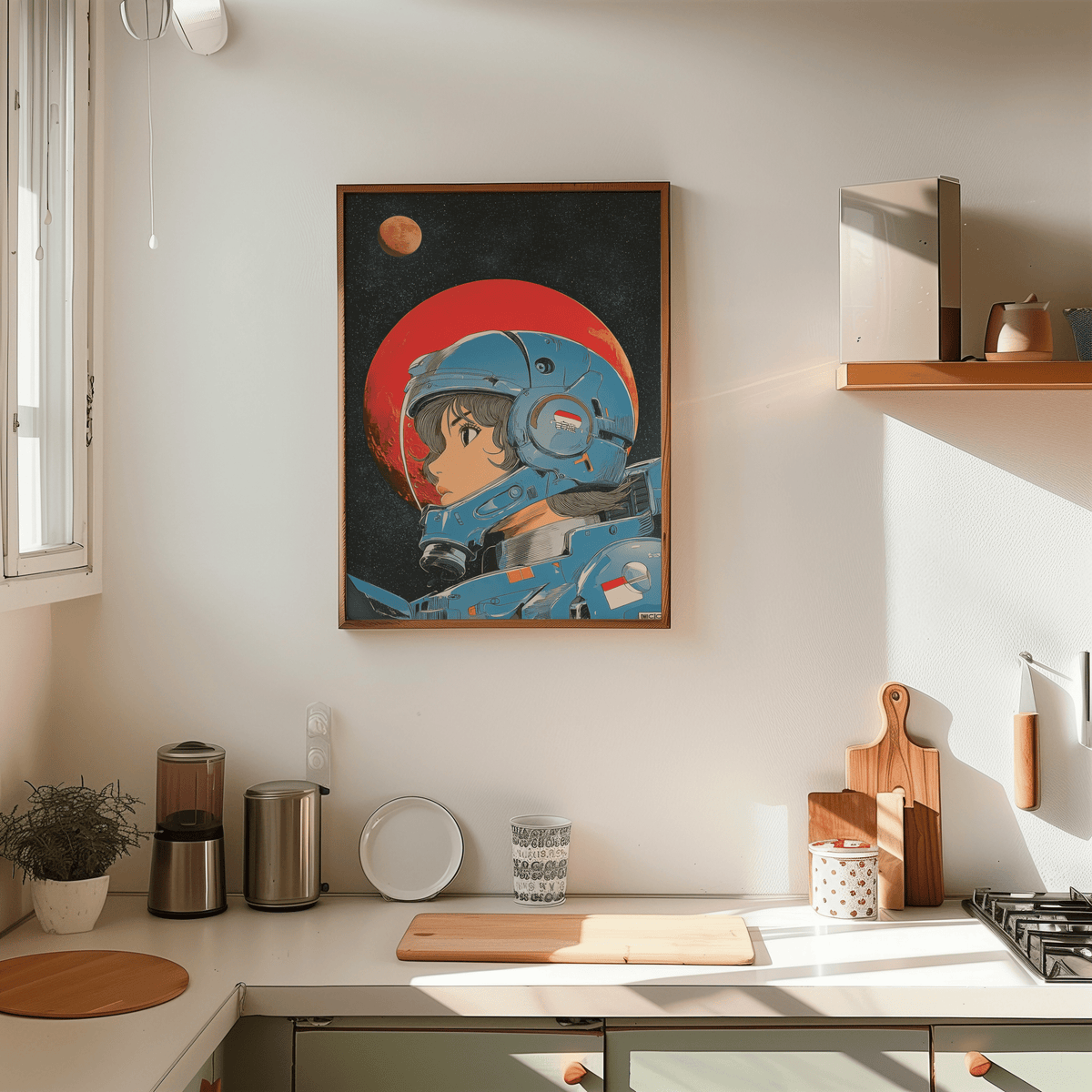 Space Girl Art Print featuring red and blue for lounge area wall art