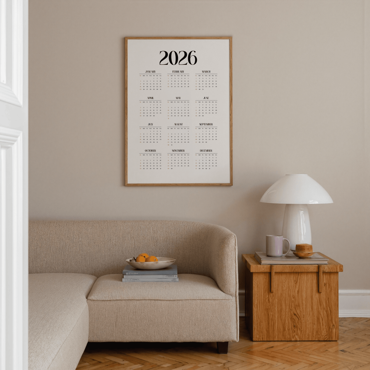 Monochrome Wall Calendar Print, Black and White, for bedroom