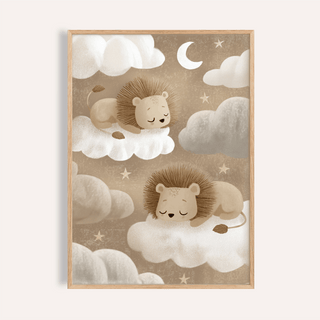 Lions Nursery Art print with brown, beige, white, and gray for baby room wall art