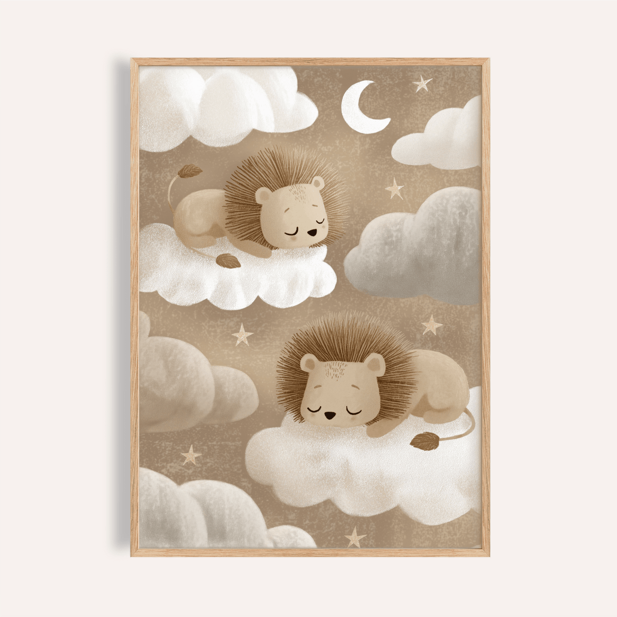 Lions Nursery Art print with brown, beige, white, and gray for baby room wall art