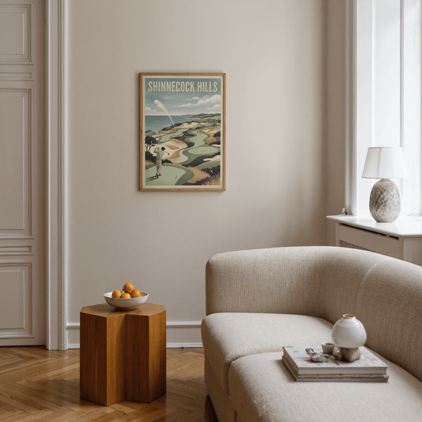 Showcasing Shinnecock Hills Golf Art Print wall art with winding green, bunkers, and distant clubhouse