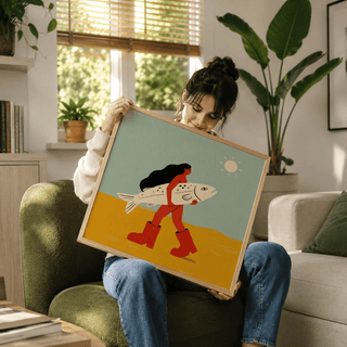 Woman Carrying Fish Print with central figure holding a fish on a flat horizon