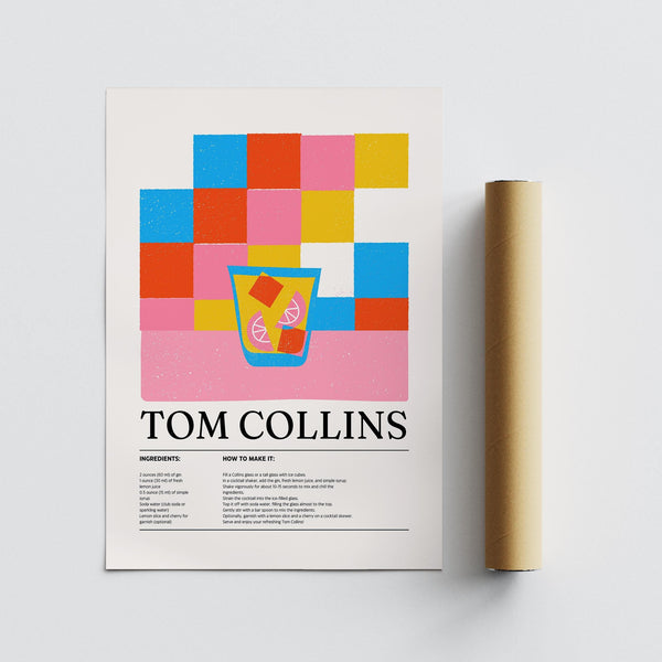 Colorful bar prints artwork with lemon garnish and sparkling soda theme.