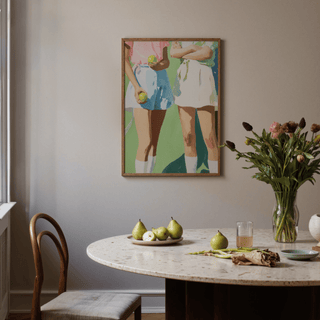Tennis Girls Art Print detail highlighting hands and neon green tennis balls
