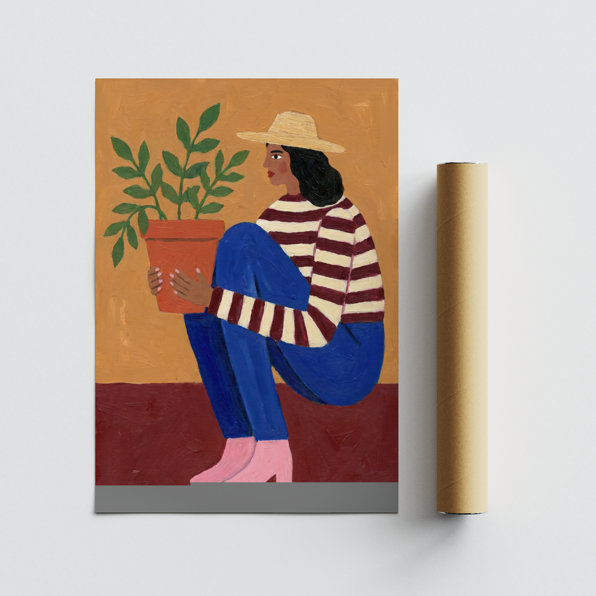 Living room scene displaying plant themed figure artwork on neutral wall
