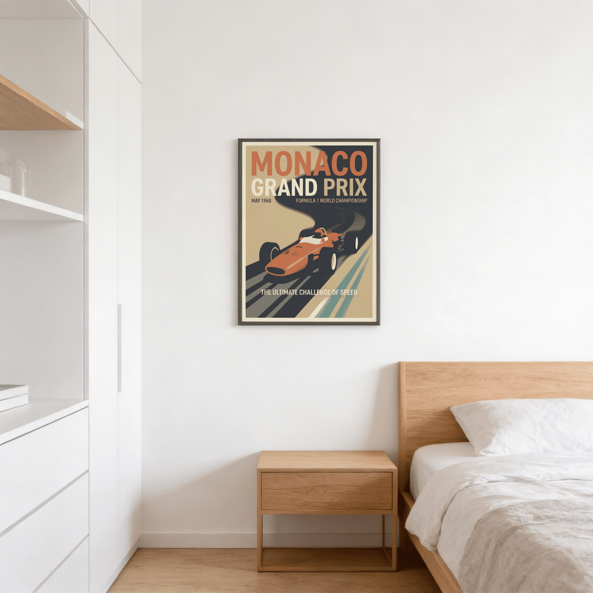 1968 Monaco Grand Prix artwork combining black typography with sweeping road shadows