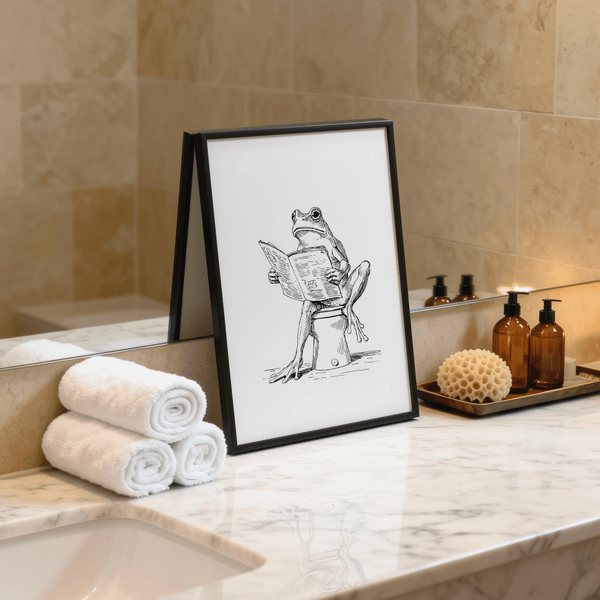 Ink-style frog with wide eyes reading a book wall art print