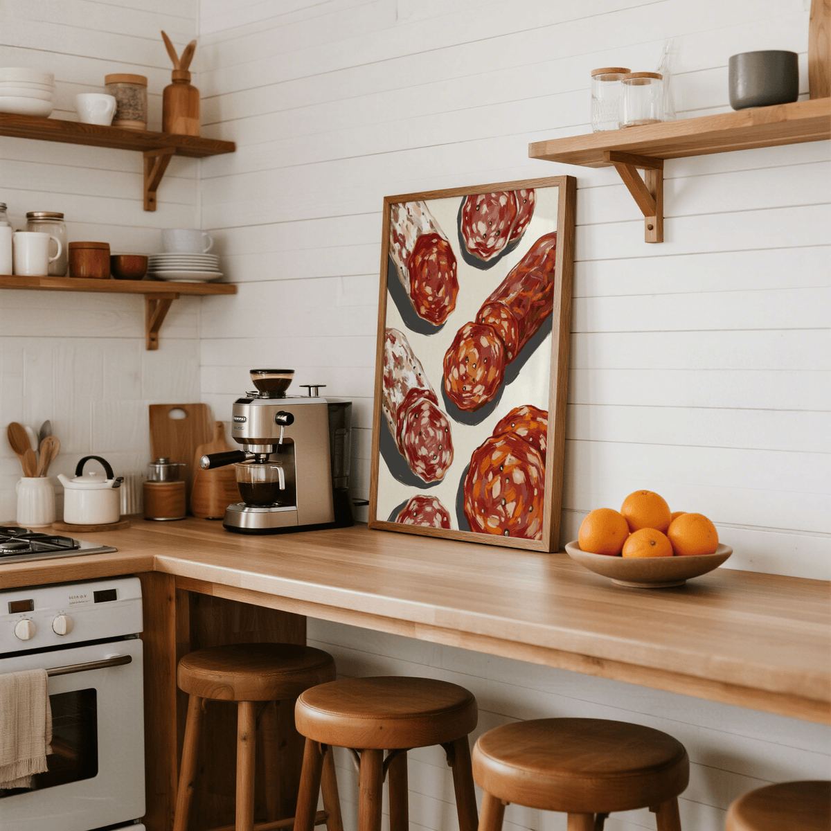 Italian Salami Print wall art with white accents for dining rooms