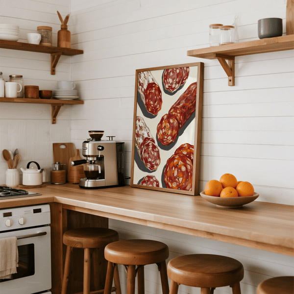 Italian Salami Print wall art with white accents for dining rooms