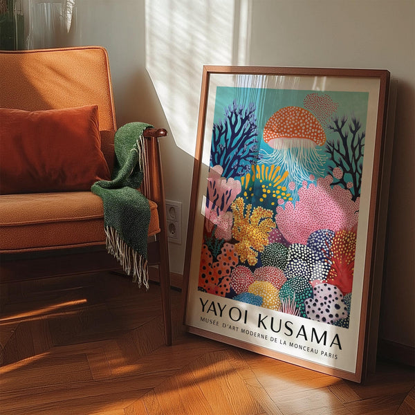 Vibrant colorful jellyfish wall art with Kusama-style dots and marine flora