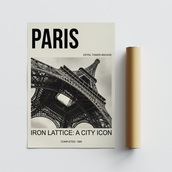 Typographic French landmark print with archive style captions and completion year
