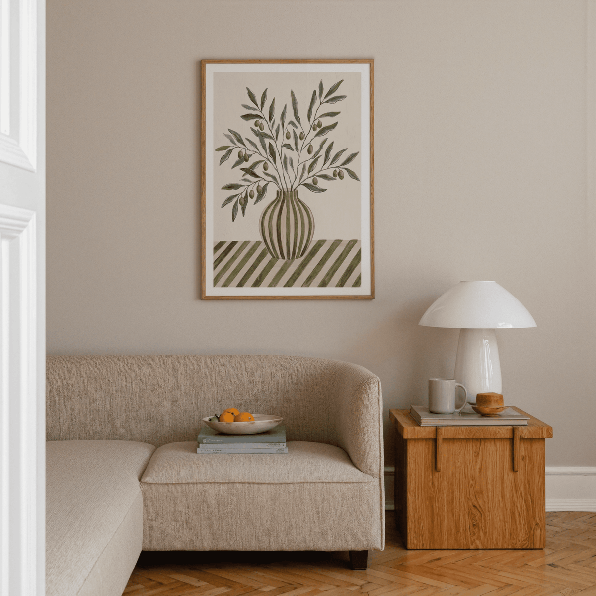 Olive Branch Art minimalist wall art for bedroom, green beige palette