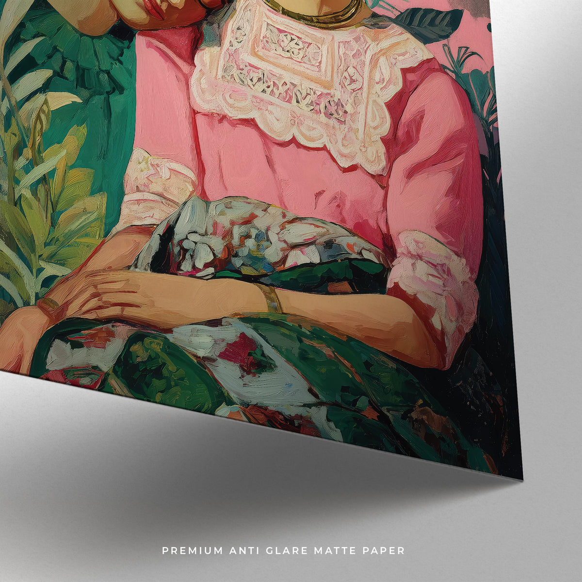 Digital painting in Frida Kahlo self portrait style with pink and green palette.