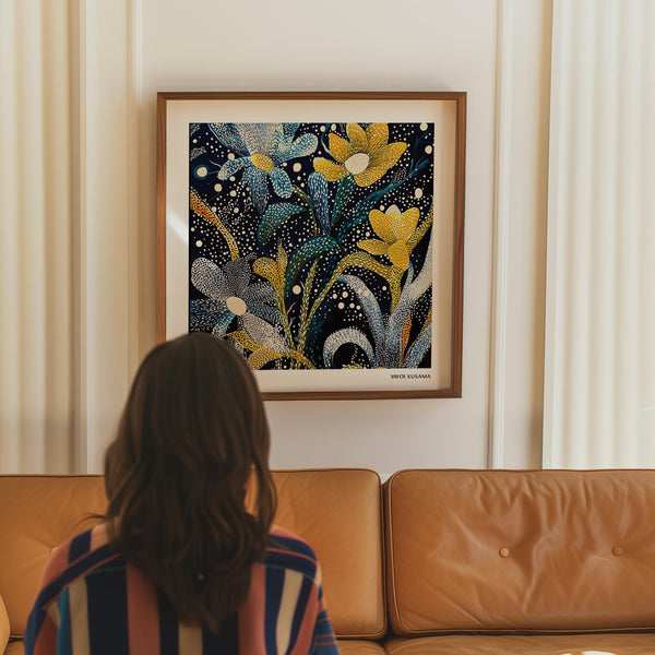 Dark Floral Wall Art print with yellow flowers against a night-sky backdrop.