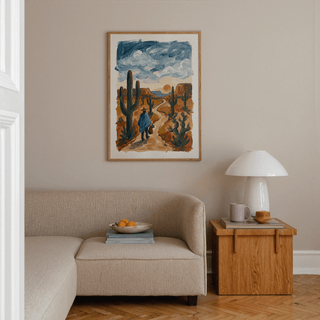 Sunset Cactus Poster Print with bold blue clouds for study wall art