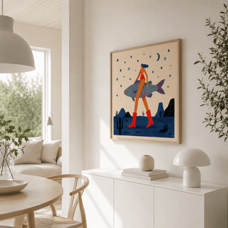 Modern illustration wall art featuring a large fish with dotted markings and a central human figure