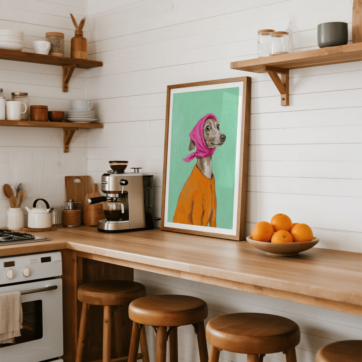 Playful Greyhound Poster with pink and orange, perfect for hallway decor