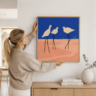 Detail view of bird heads and beaks in minimalist print with negative space