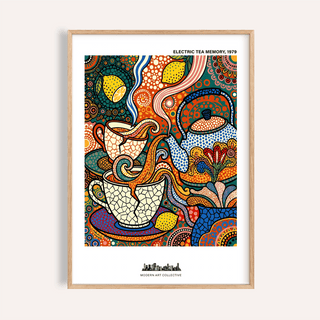 Vibrant patterned tea still life poster with teapot and teacups