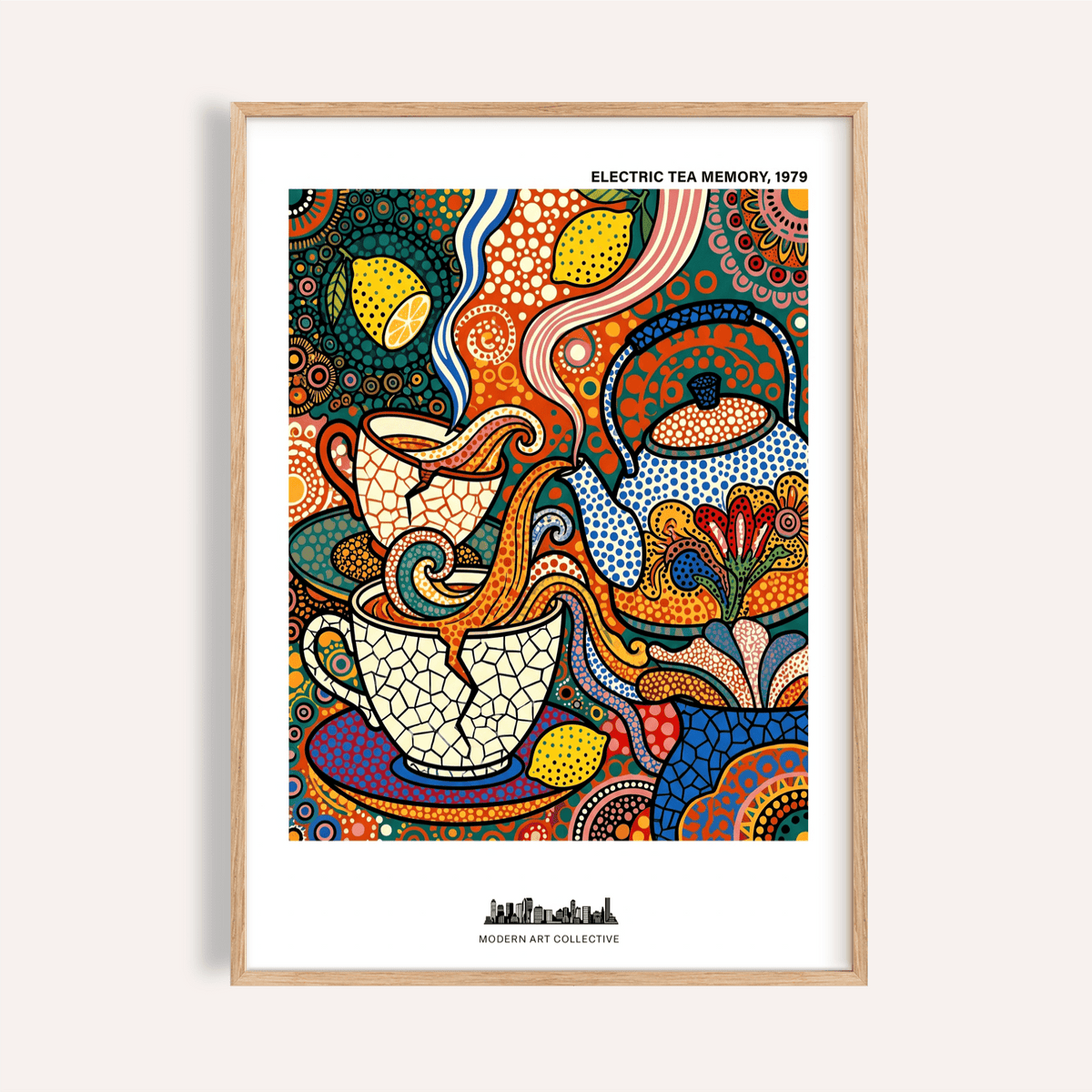Vibrant patterned tea still life poster with teapot and teacups