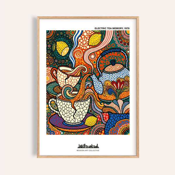 Vibrant patterned tea still life poster with teapot and teacups