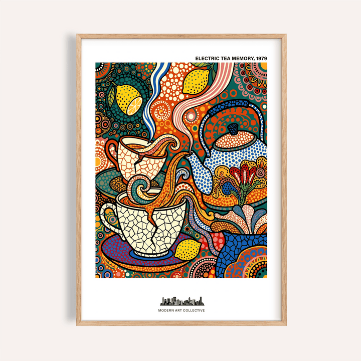 Vibrant patterned tea still life poster with teapot and teacups