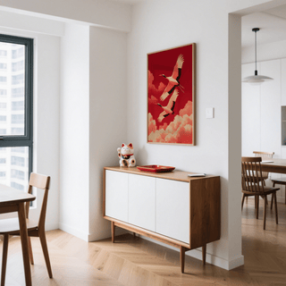 Cranes Flying Wall Art, bold red tones, dining room, art print