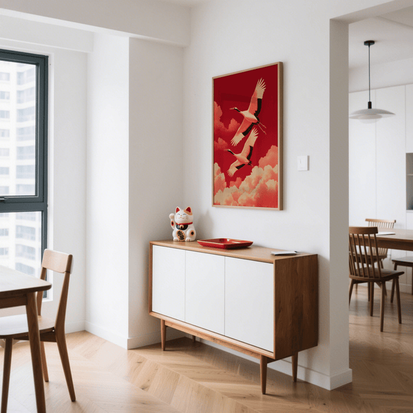 Cranes Flying Wall Art, bold red tones, dining room, art print