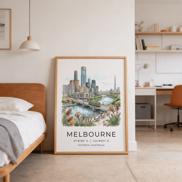 Detailed Melbourne City Art Print with skyline towers and river perspective