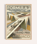 Monaco Race Poster depicting a streamlined Formula 1 car on angular mountain road