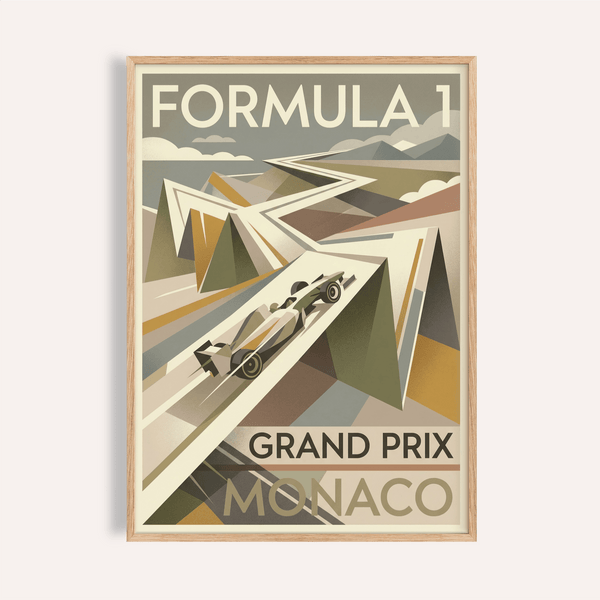 Monaco Race Poster depicting a streamlined Formula 1 car on angular mountain road