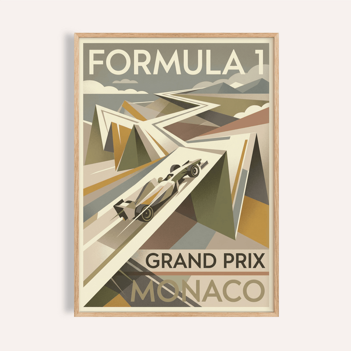 Monaco Race Poster depicting a streamlined Formula 1 car on angular mountain road