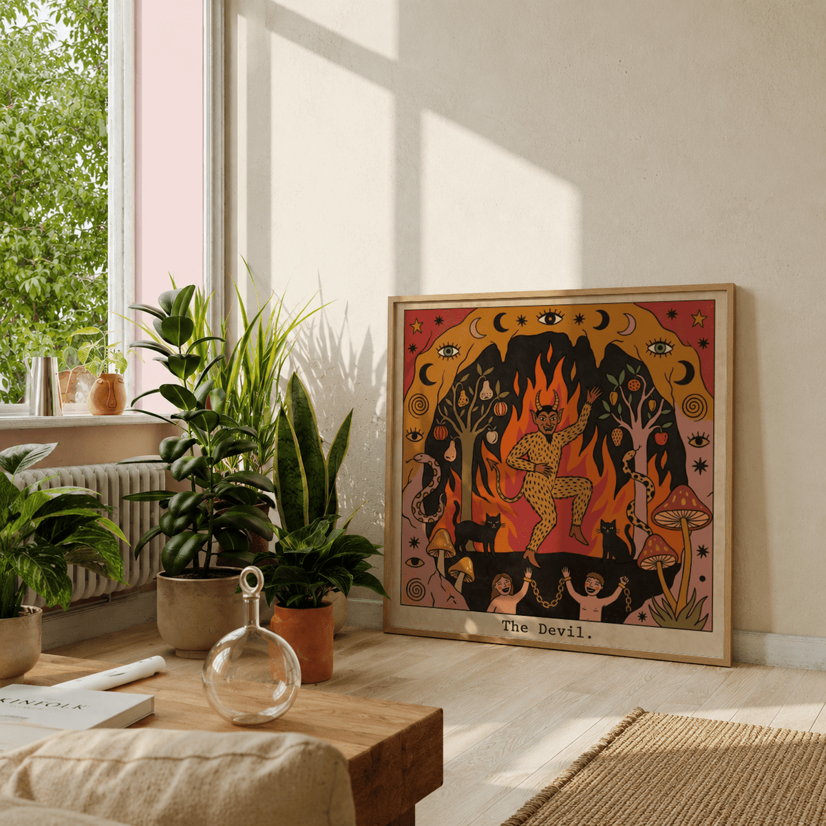 Right side tarot art print with fruiting tree, coiled snake, and mushrooms