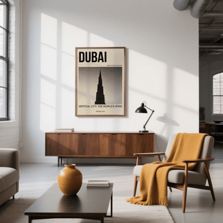 Angled view of Dubai wall art print featuring the Burj Khalifa rising in the center of the layout