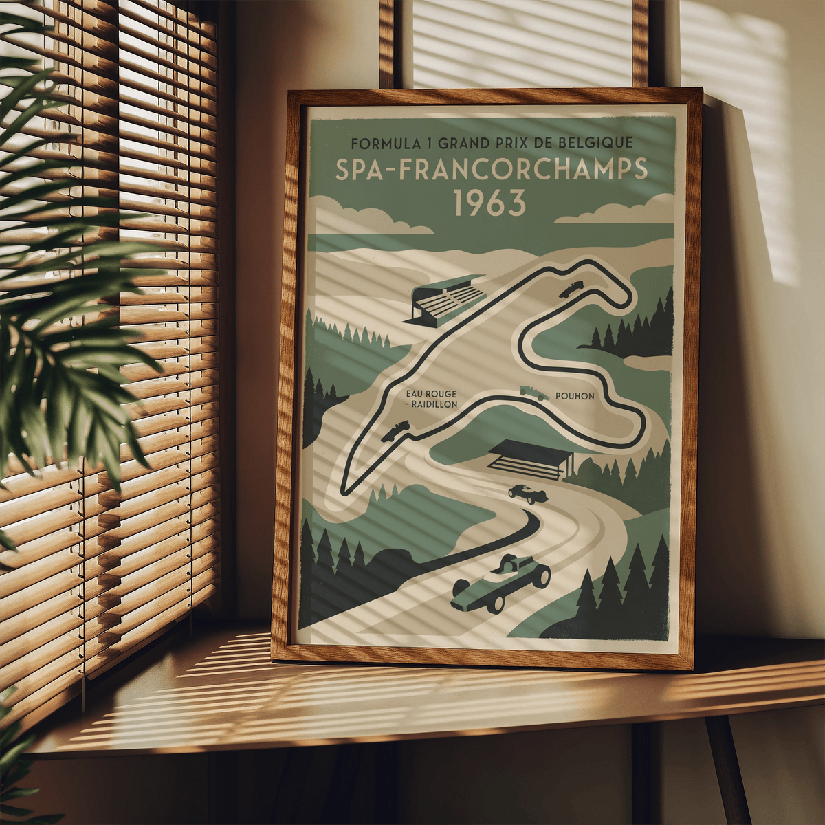 Illustrated racing circuit wall art poster with winding track and hills