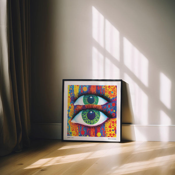 Funky colorful pop art print featuring surreal eye composition