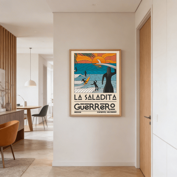 Graphic wave bands under radiant horizon with multiple surfers